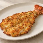 Golden crispy lobster cutlet with its tail fin attached, served on an oval white plate