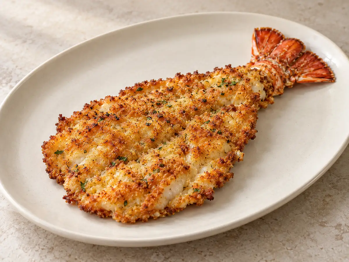 Golden crispy lobster cutlet with its tail fin attached, served on an oval white plate