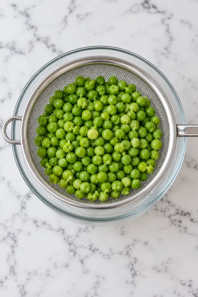 Cooked green peas draining in a mesh strainer over a glass bowl