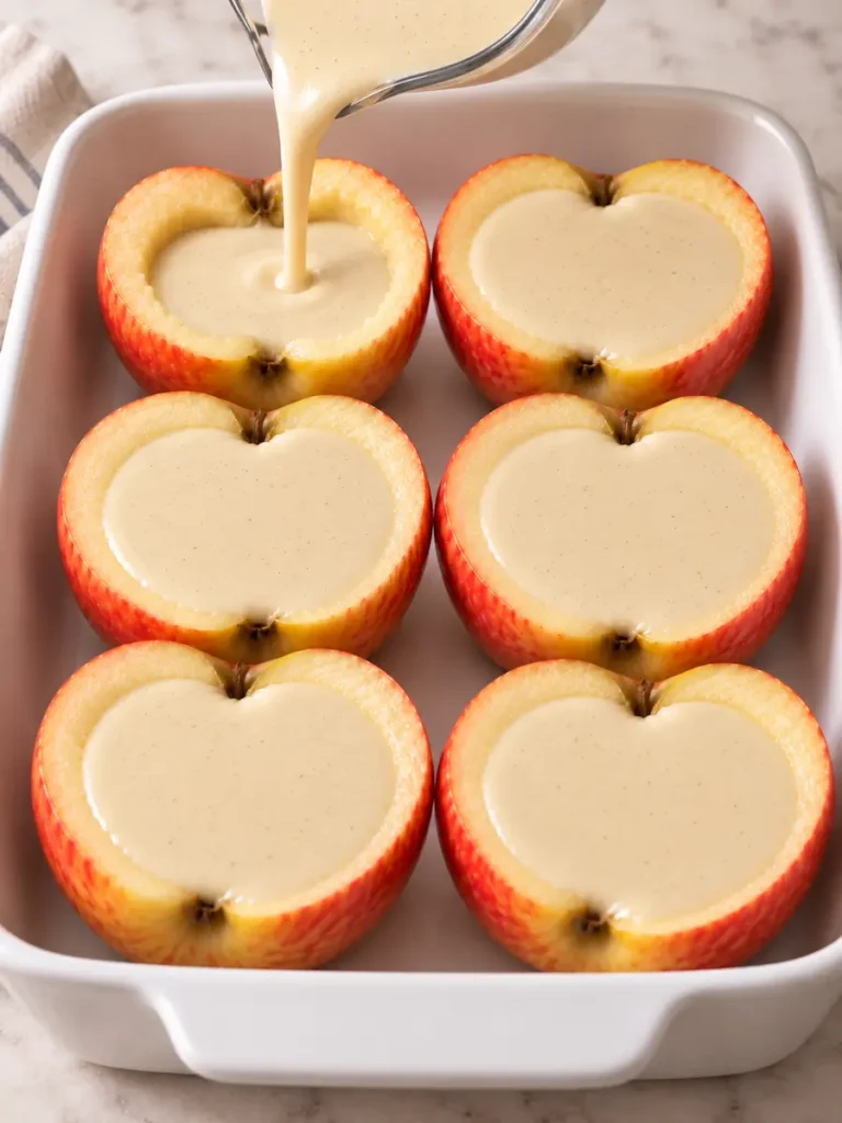 Warm chai posset being poured into hollowed Honeycrisp apple halves