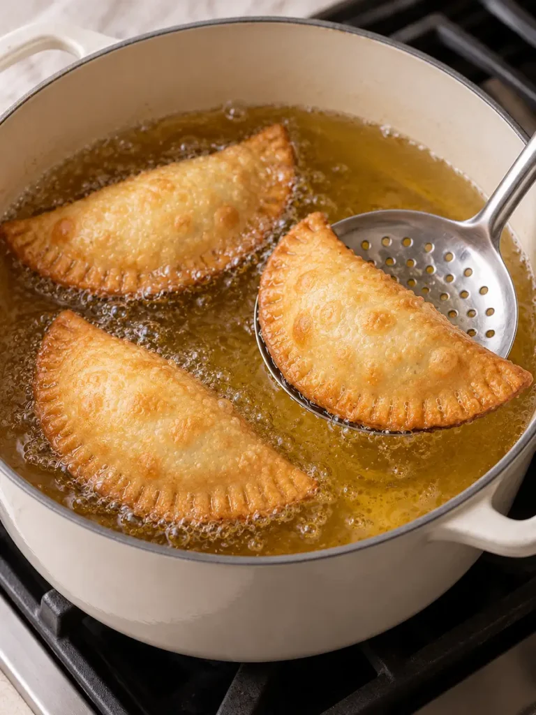 Three golden empanadas frying in hot oil, with one lifted on a metal slotted spoon