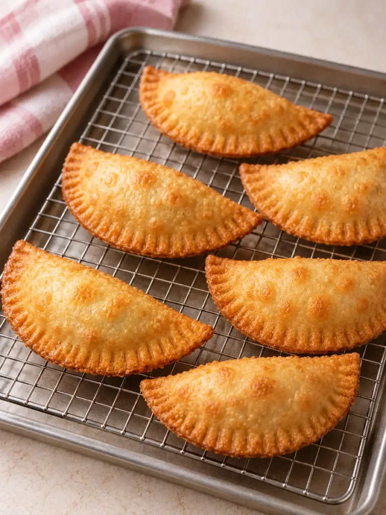 Golden fried empanadas resting on a wire rack over a baking sheet