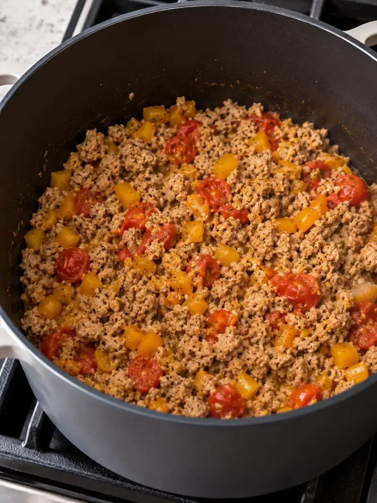 Cooked ground turkey mixed with diced orange bell peppers and softened cherry tomatoes in a dark pot.