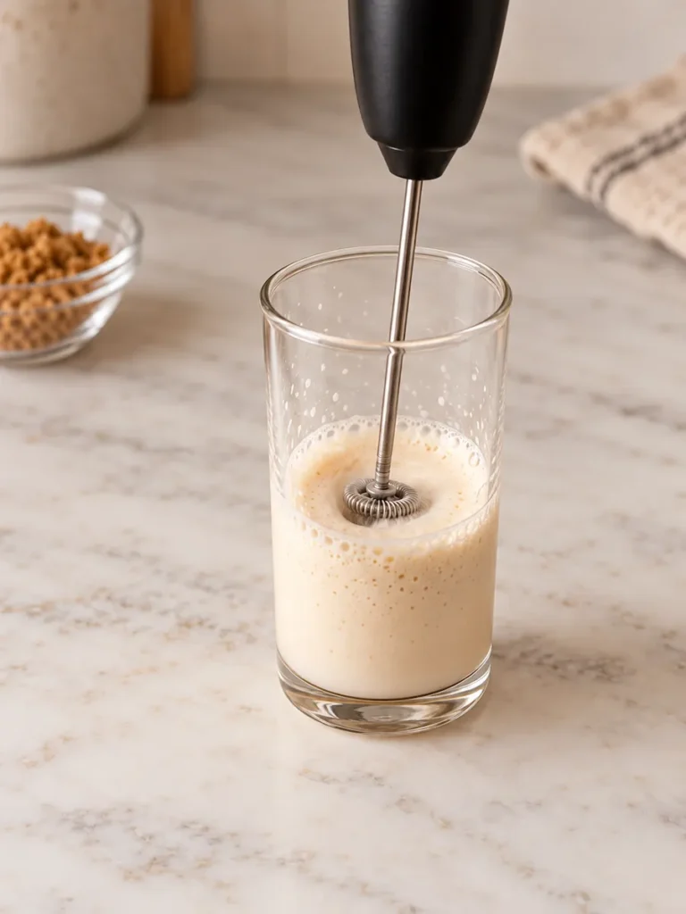 Handheld milk frother making brown sugar cold foam in a small clear glass.