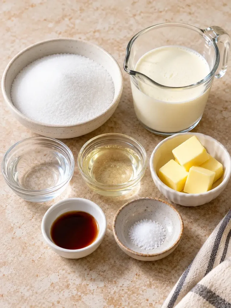 Sugar, heavy cream, butter, corn syrup, vanilla, water, and salt arranged for homemade caramel sauce.