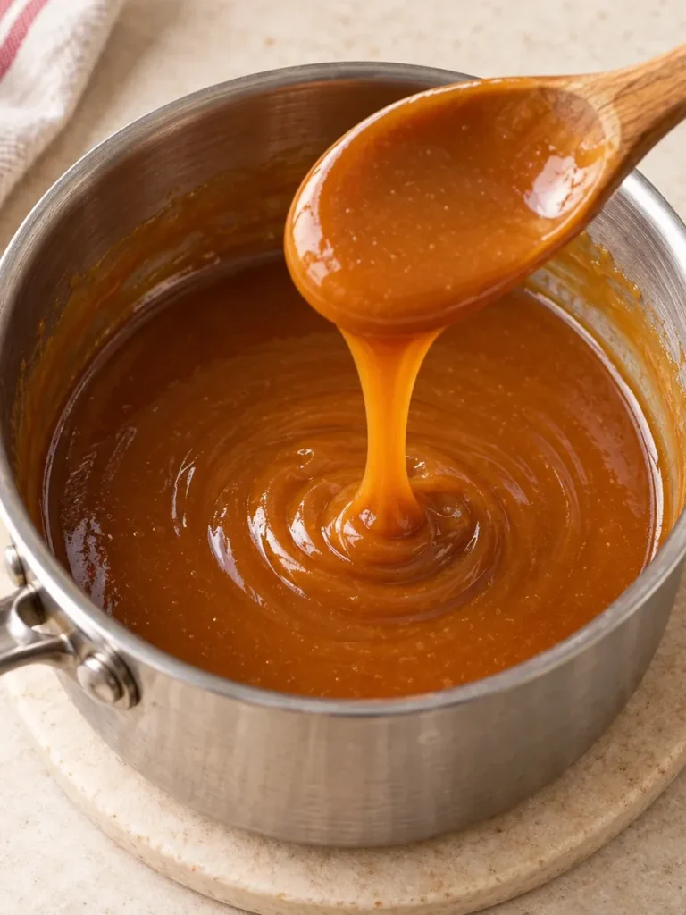 Thick homemade caramel sauce dripping from a wooden spoon into a stainless steel saucepan.