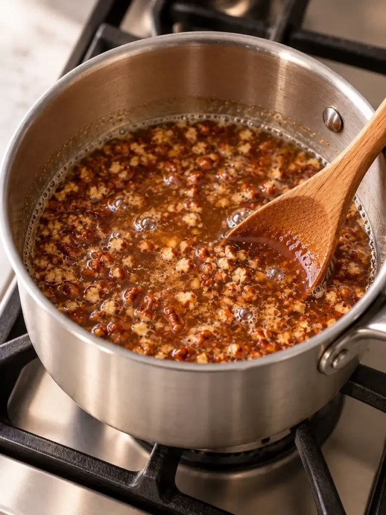 Chopped pecans simmering in amber syrup in a stainless steel saucepan with a wooden spoon.