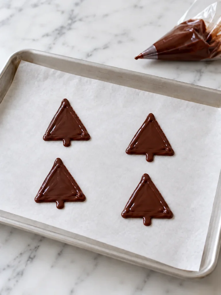 Four chocolate cat ears with small tabs piped onto parchment paper