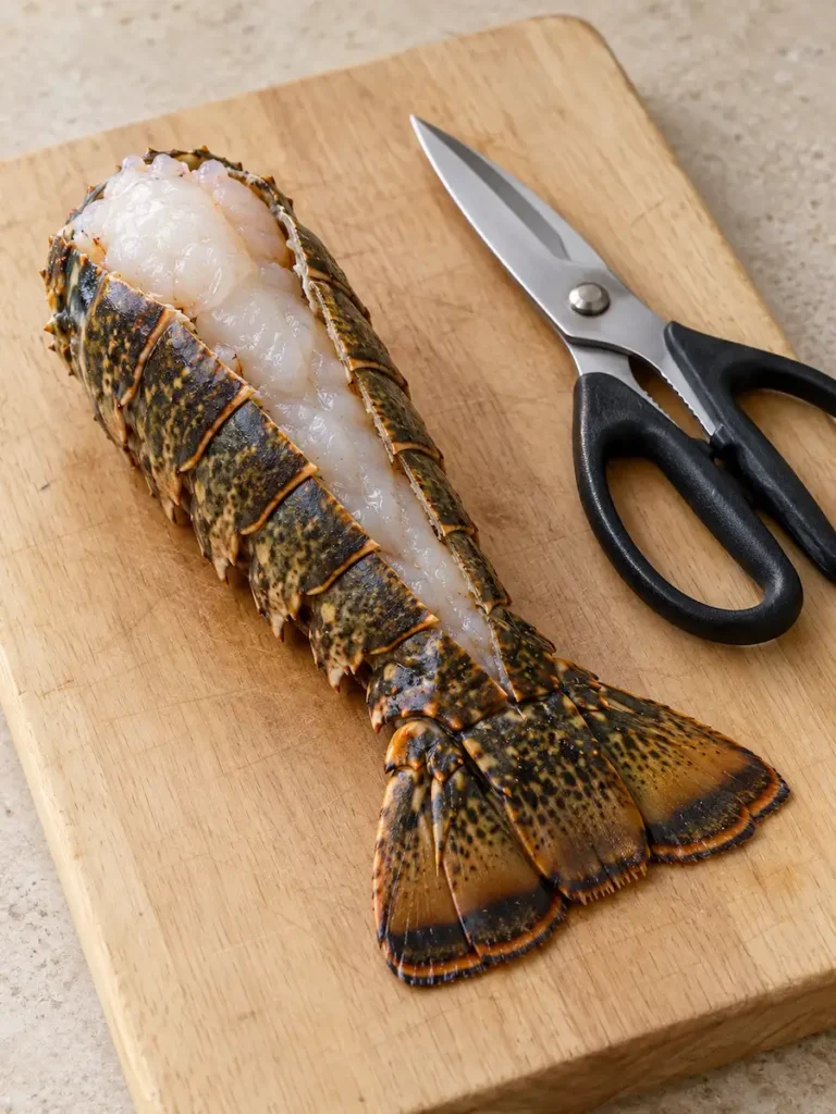 Raw lobster tail with its shell partially opened to expose the meat on a wooden cutting board