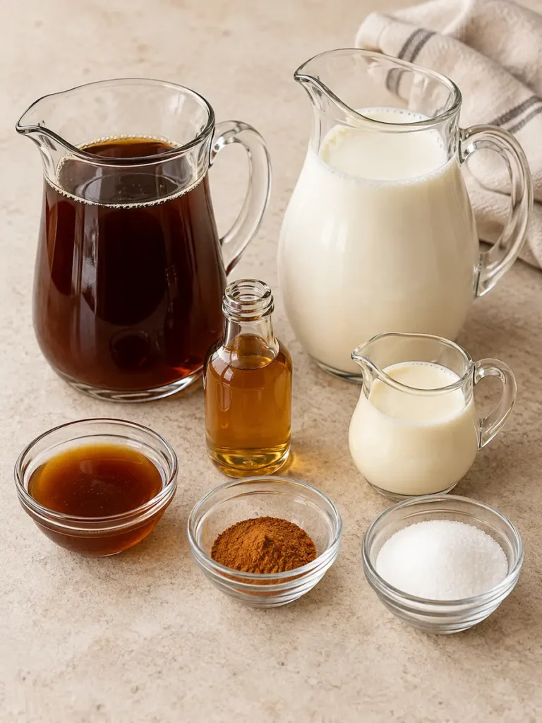 Chai concentrate, milk, heavy cream, banana syrup, brown sugar syrup, cinnamon, and sugar arranged in glass containers.