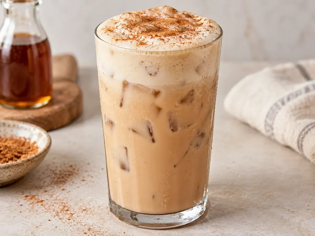 Iced banana bread chai in a clear glass topped with brown sugar cold foam and cinnamon sugar.