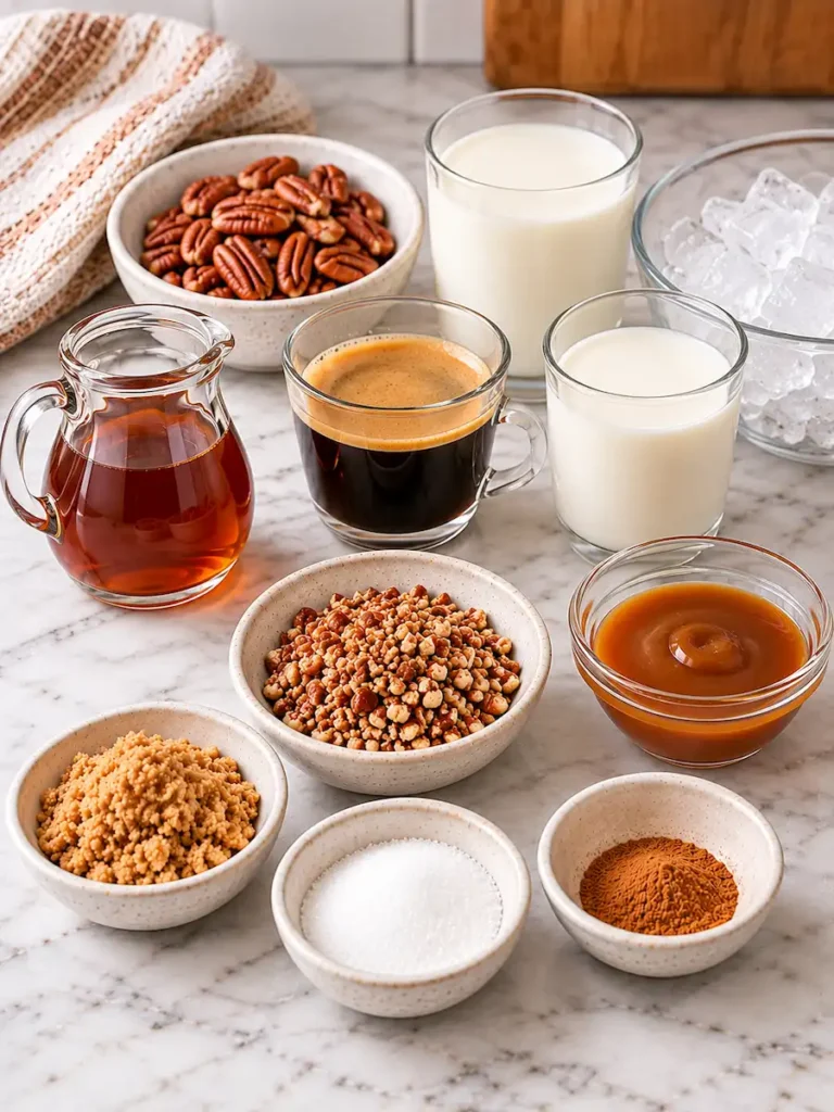 Ingredients for an iced pecan sticky bun latte, including espresso, milk, cream, pecans, caramel, sugar, cinnamon, and ice.