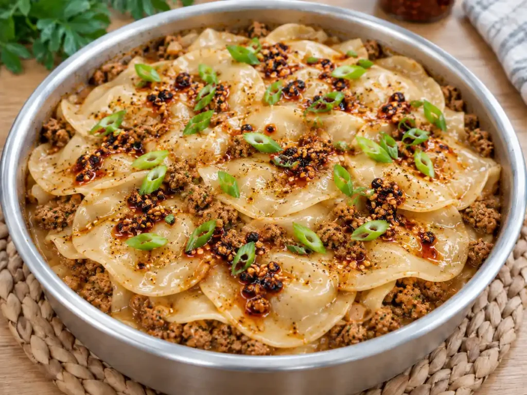 Steamed jerk chicken dumpling lasagna with ground chicken, tender dumpling wrappers, chili crisp, and green onions.