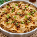 Steamed jerk chicken dumpling lasagna with ground chicken, tender dumpling wrappers, chili crisp, and green onions.