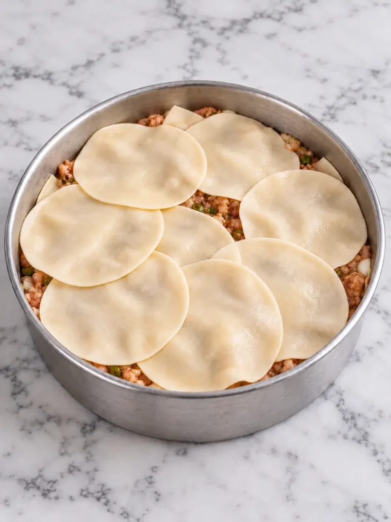 Overlapping round dumpling wrappers covering raw jerk-seasoned ground chicken in a round metal dish.