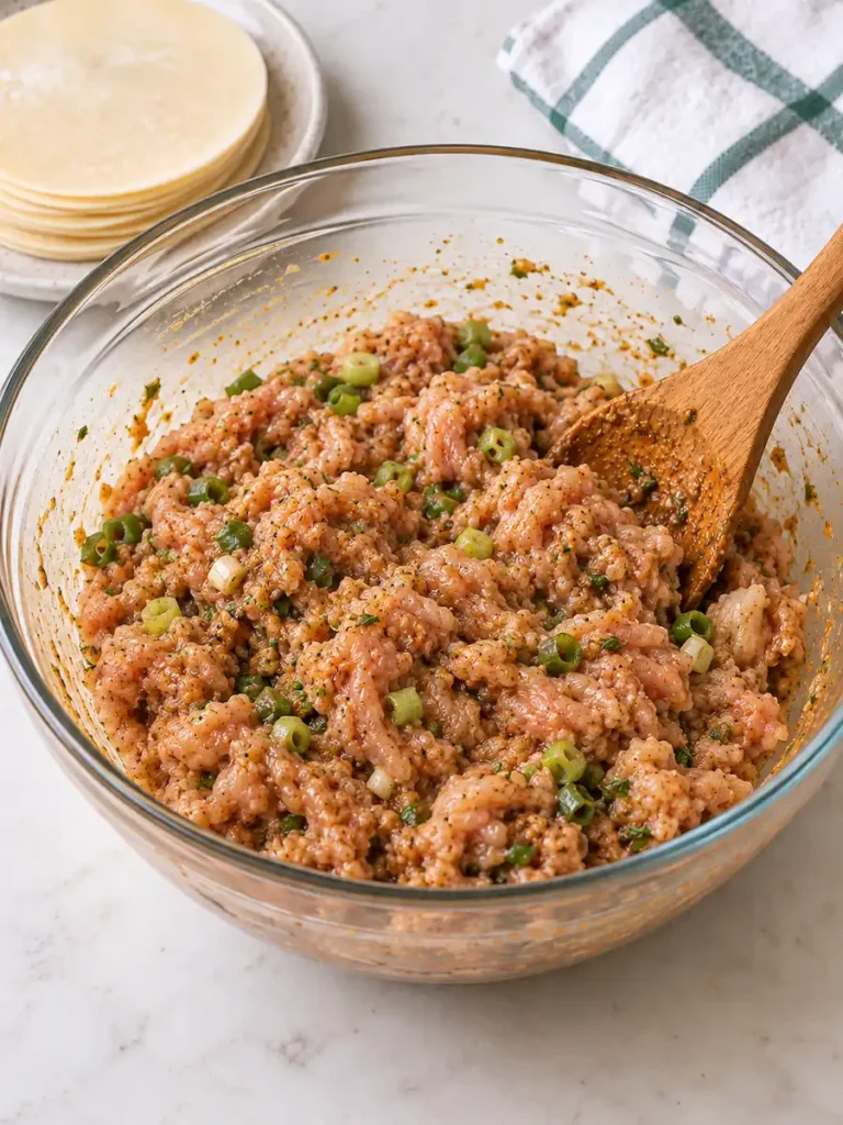 Raw ground chicken mixed with jerk seasoning, chopped green onions, and aromatics in a glass bowl.