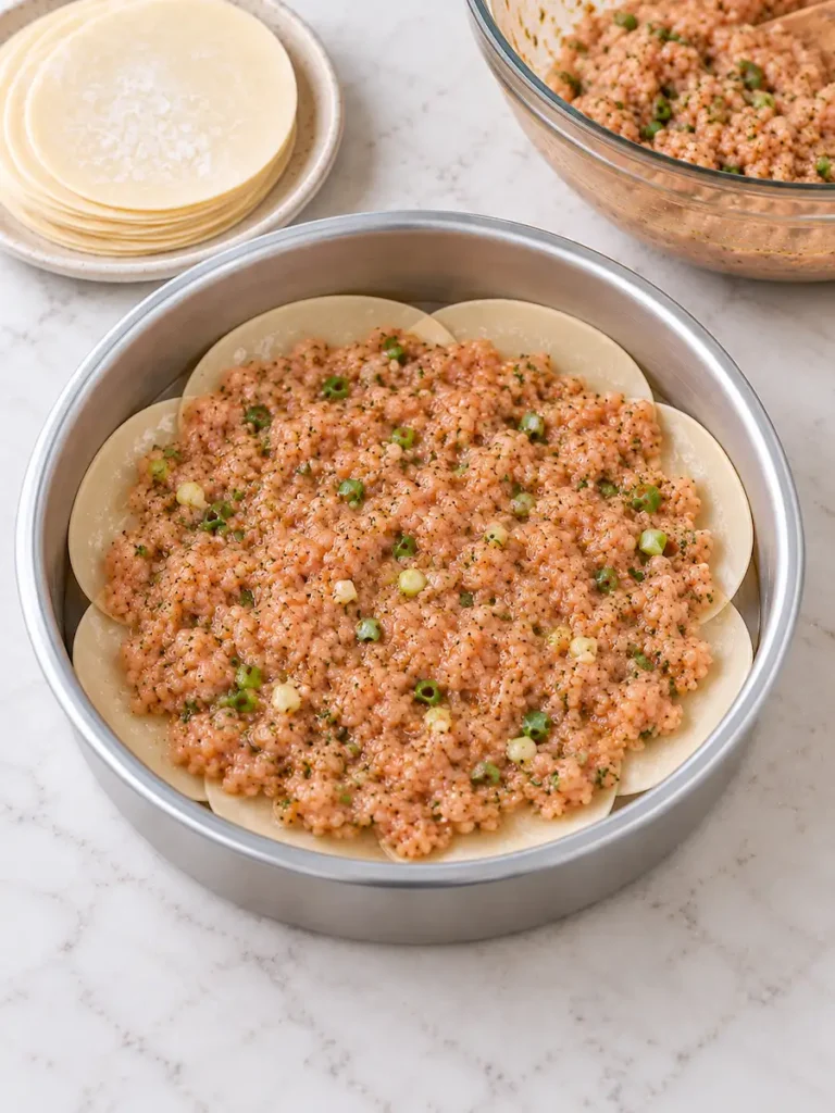 Raw jerk-seasoned ground chicken spread over overlapping round dumpling wrappers in a metal dish.