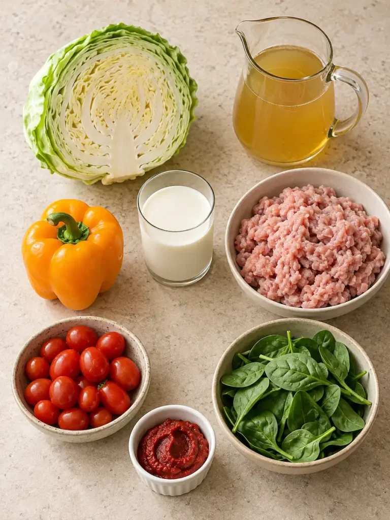 Main ingredients for Marry Me Cabbage Soup, including green cabbage, ground turkey, bell pepper, cherry tomatoes, spinach, tomato paste, broth, and cream.