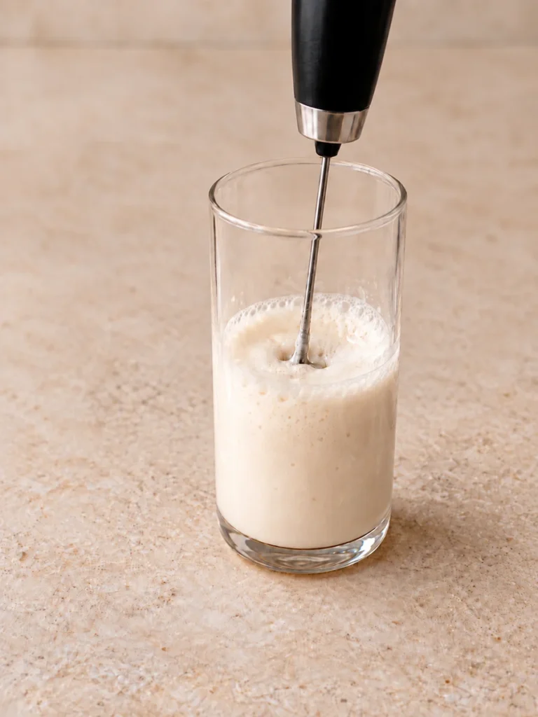 Handheld milk frother mixing brown sugar cold foam in a narrow clear glass.