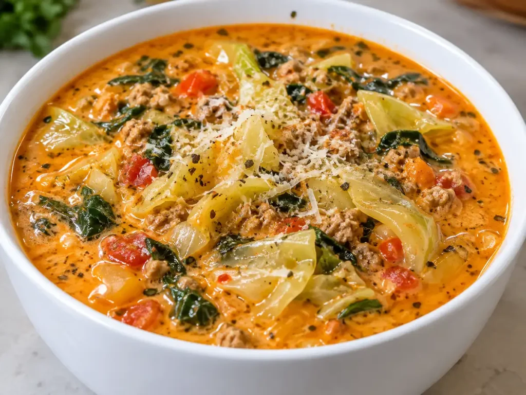 Creamy Marry Me cabbage soup in a white bowl with tender cabbage, ground turkey, spinach, and Parmesan.
