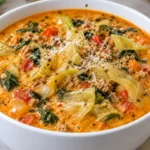 Creamy Marry Me cabbage soup in a white bowl with tender cabbage, ground turkey, spinach, and Parmesan.