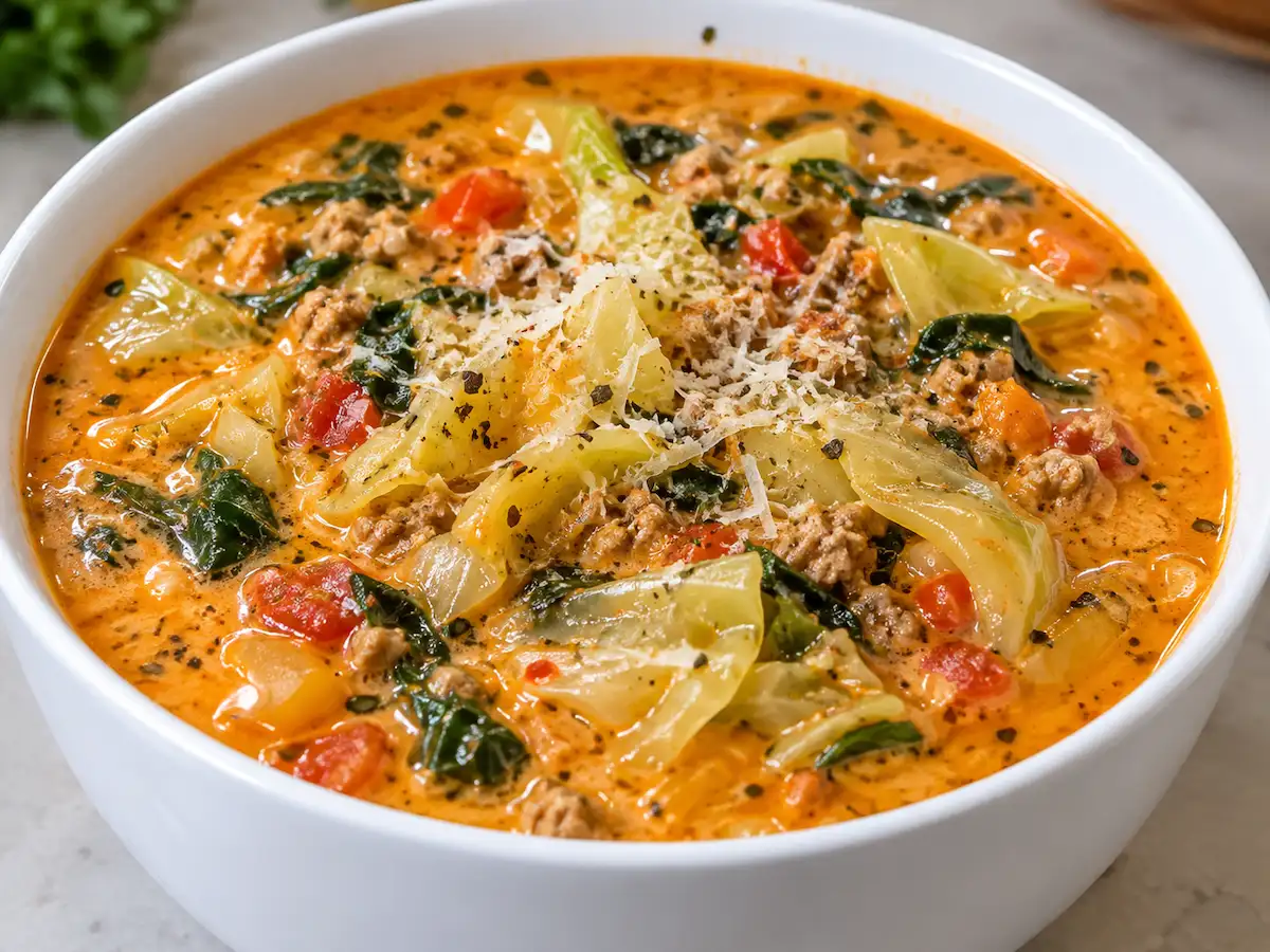 Creamy Marry Me cabbage soup in a white bowl with tender cabbage, ground turkey, spinach, and Parmesan.