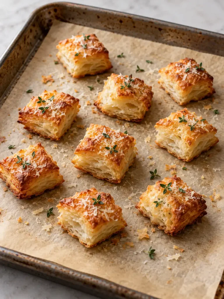 Small golden puff pastry croutons sprinkled with Parmesan and thyme on a parchment-lined baking sheet.