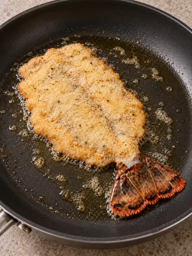 Breaded lobster tail cutlet pan-frying in olive oil and butter with its tail fin attached