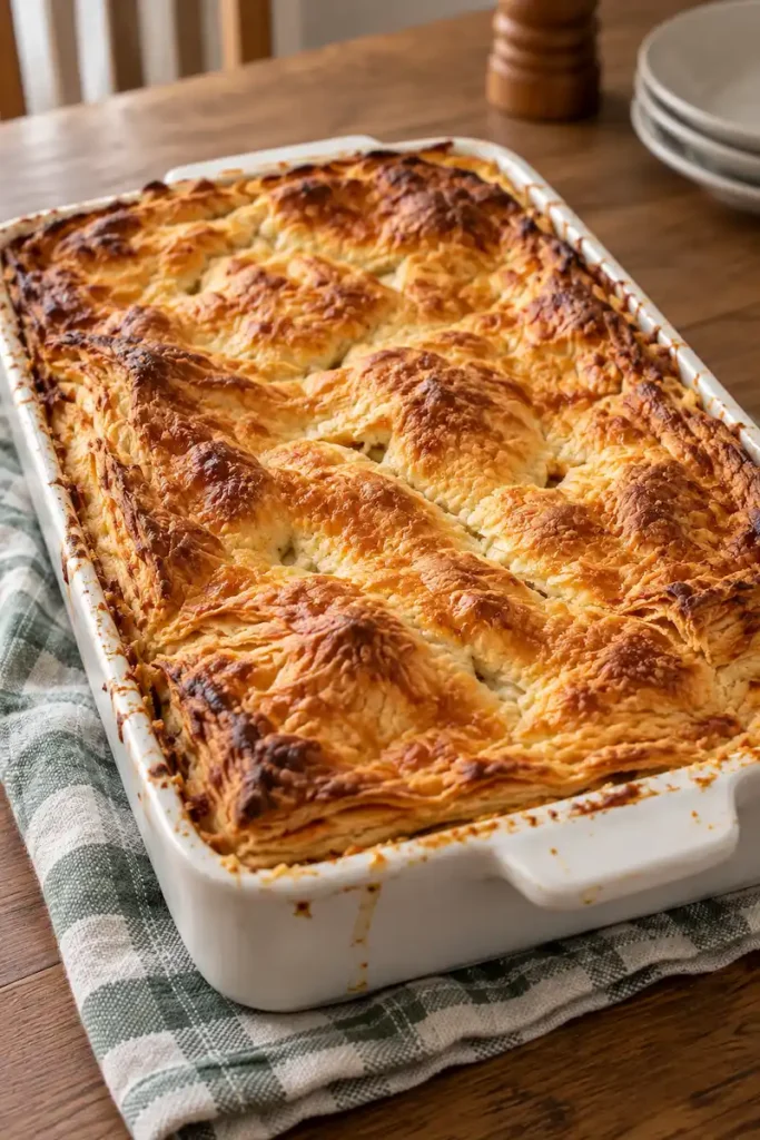 Golden baked pot pie lasagna in a white casserole dish before slicing