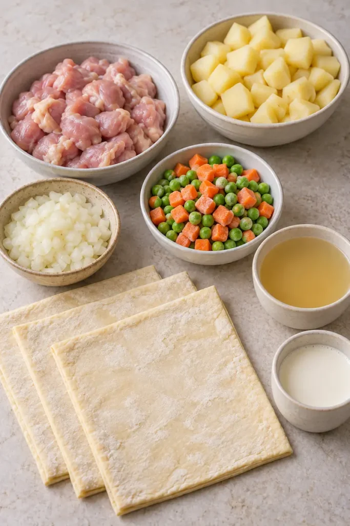 Chicken thighs, potato cubes, peas and carrots, diced onion, puff pastry, chicken broth, and heavy cream for pot pie lasagna