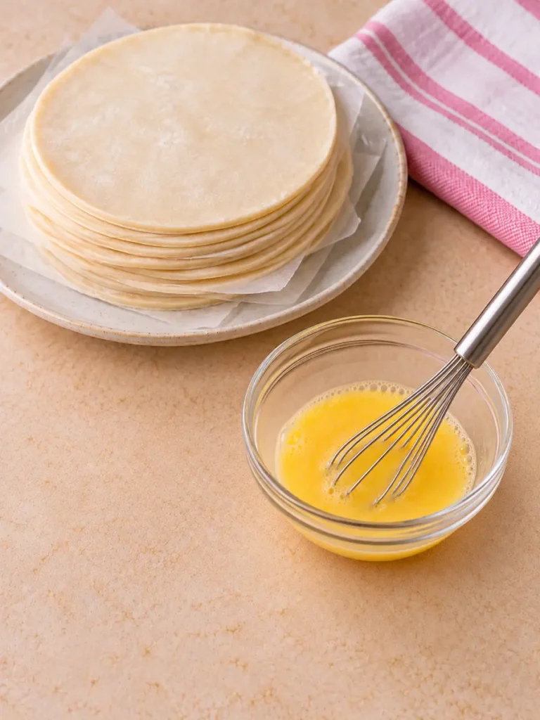 Round empanada dough discs on a plate beside a small bowl of beaten egg wash with a whisk