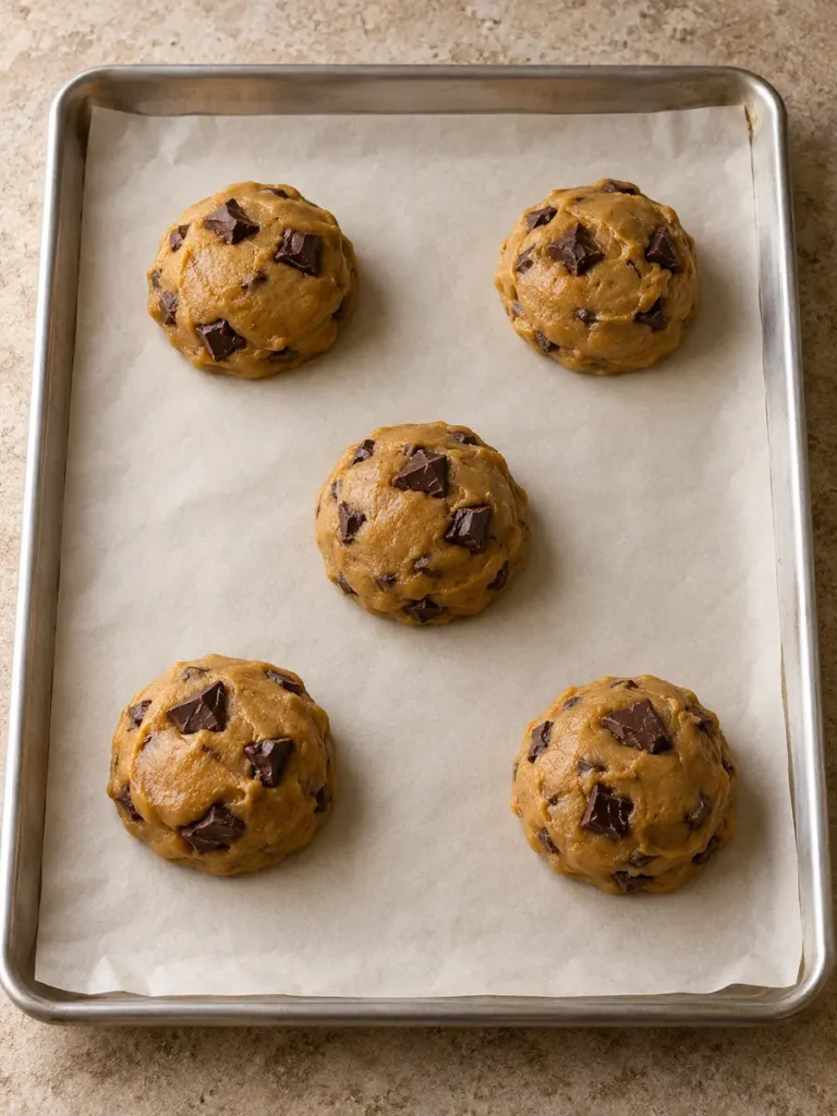 Five portions of raw pumpkin tangzhong cookie dough with chopped chocolate on a parchment-lined baking sheet.