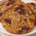 Three golden-brown pumpkin tangzhong cookies with melted chocolate on a white ceramic plate.