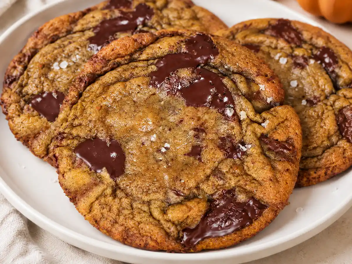 Three golden-brown pumpkin tangzhong cookies with melted chocolate on a white ceramic plate.