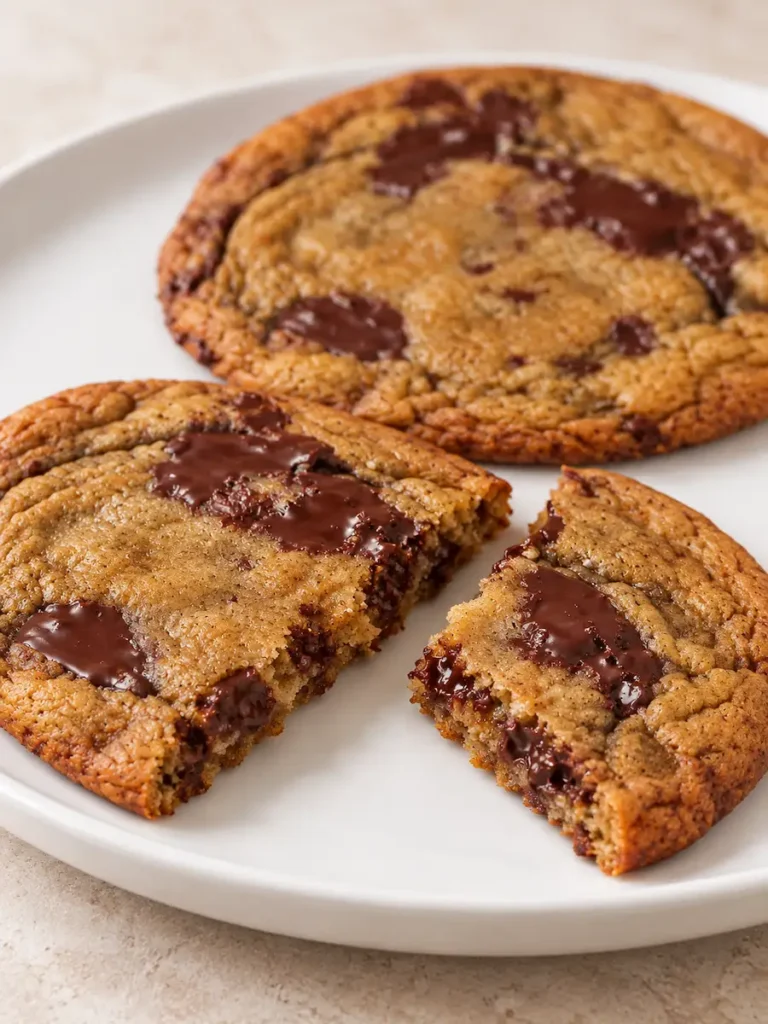 Two pieces of a broken pumpkin tangzhong chocolate cookie showing the soft interior, with a whole cookie behind them on a white plate.