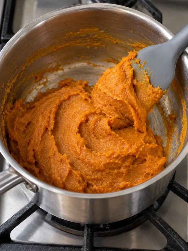 Pumpkin tangzhong paste being stirred with a silicone spatula in a stainless steel saucepan.