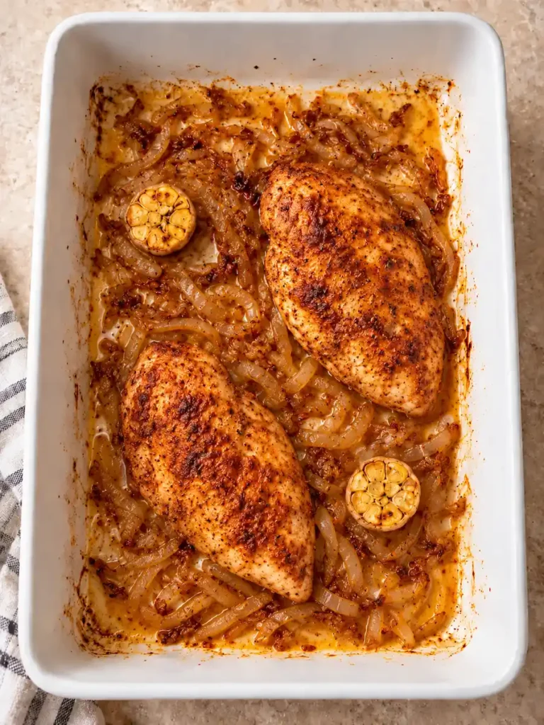 Two paprika-seasoned roasted chicken breasts with caramelized onions and garlic in a white baking dish.
