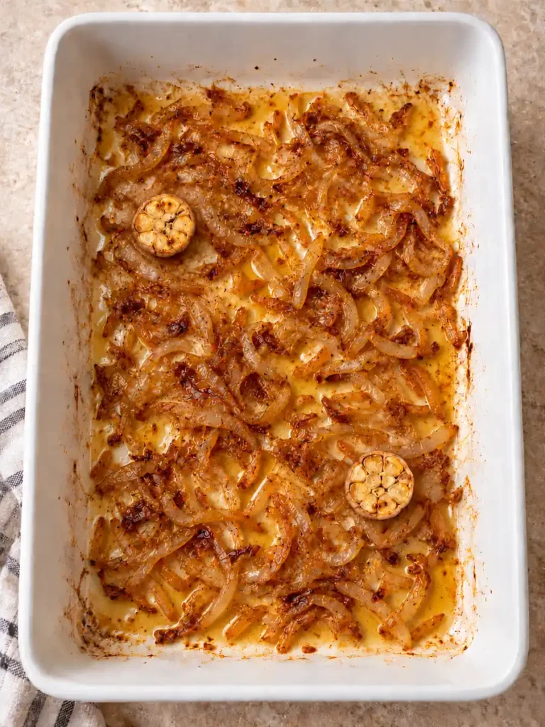 Golden roasted yellow onions and two garlic halves in a white rectangular baking dish.