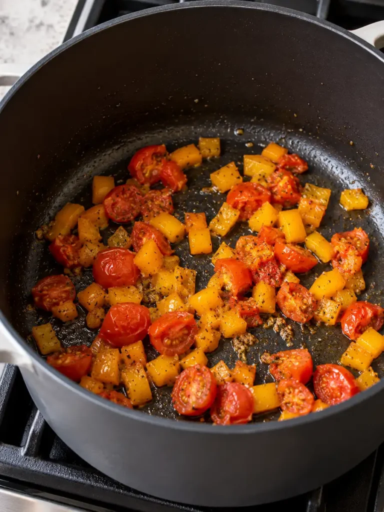 Diced orange bell peppers and halved cherry tomatoes sautéing with seasonings in a dark pot.