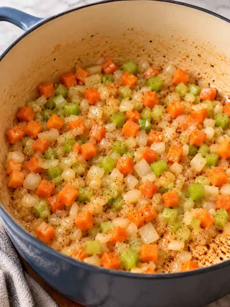 Diced carrots, celery, and onions sautéing in a blue Dutch oven for chicken pot pie pastina.