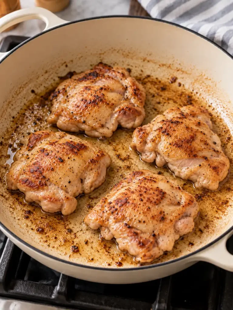 Four boneless chicken thighs searing until golden brown in a cream-colored skillet.