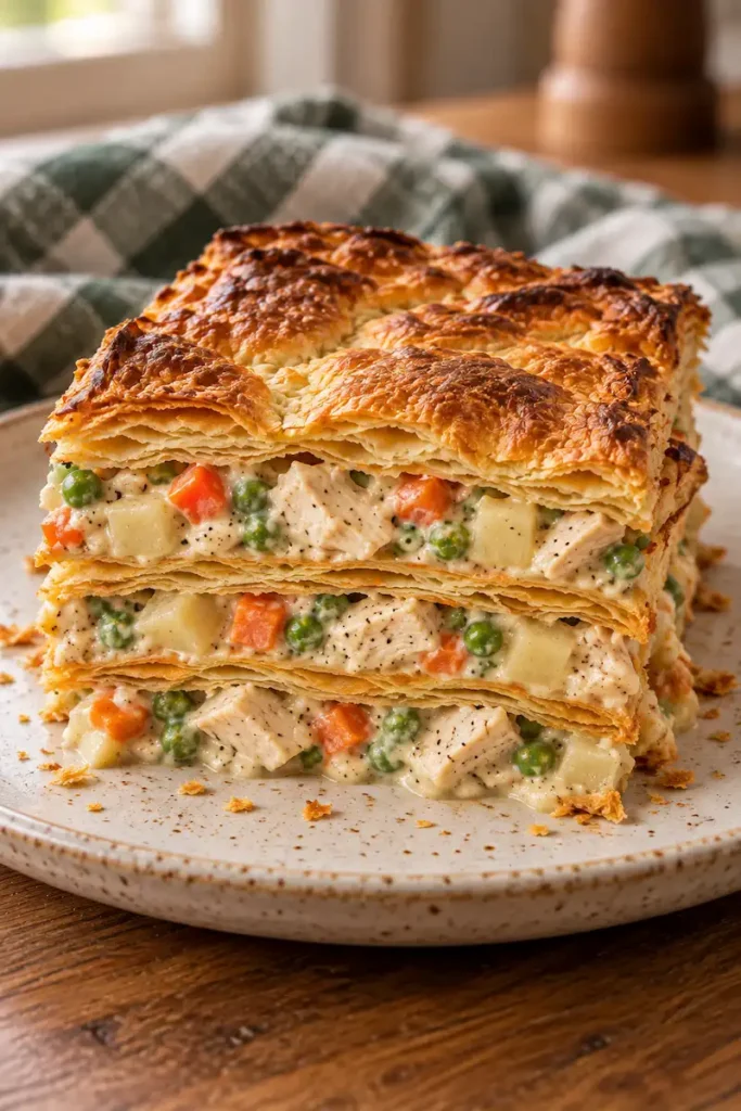 Slice of pot pie lasagna with three creamy chicken filling layers separated by puff pastry