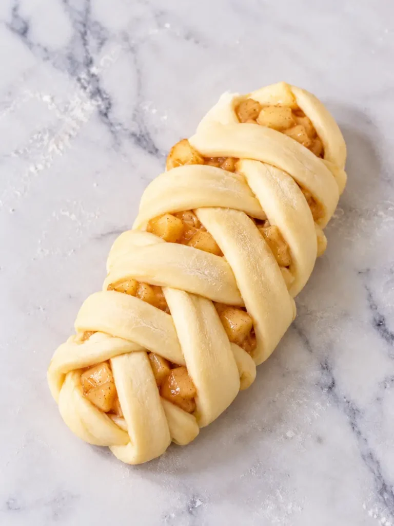 Unbaked twisted apple pie roll with braided dough and apple filling visible between the strips