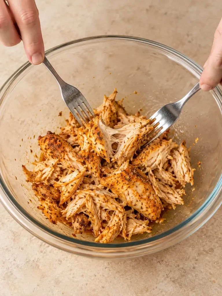 Paprika-seasoned roasted chicken breast being shredded with two forks in a glass mixing bowl.