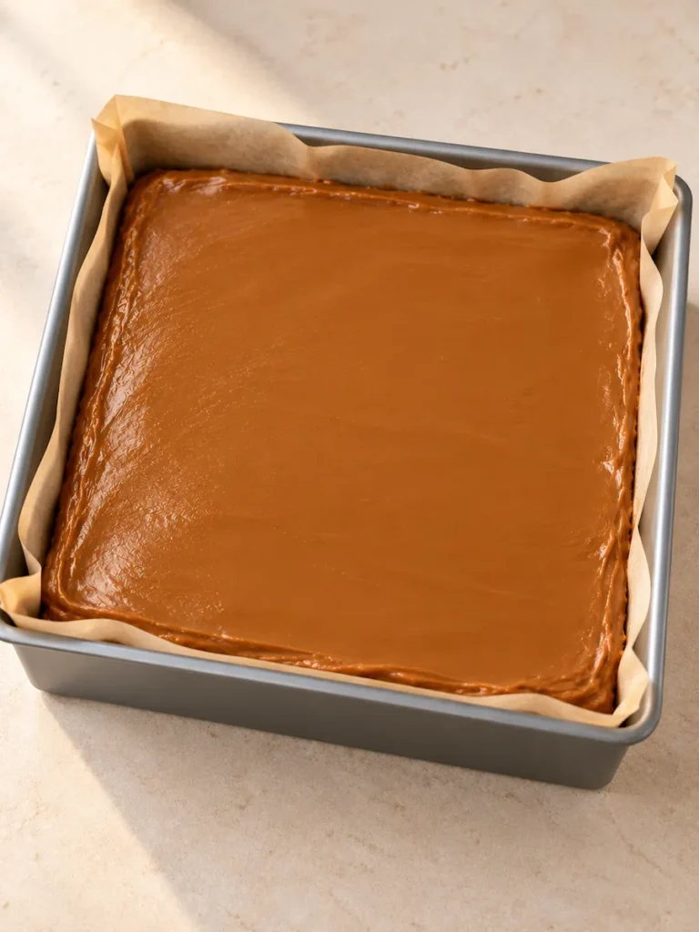 Smooth Biscoff cookie butter topping covering cheesecake in a parchment-lined square pan