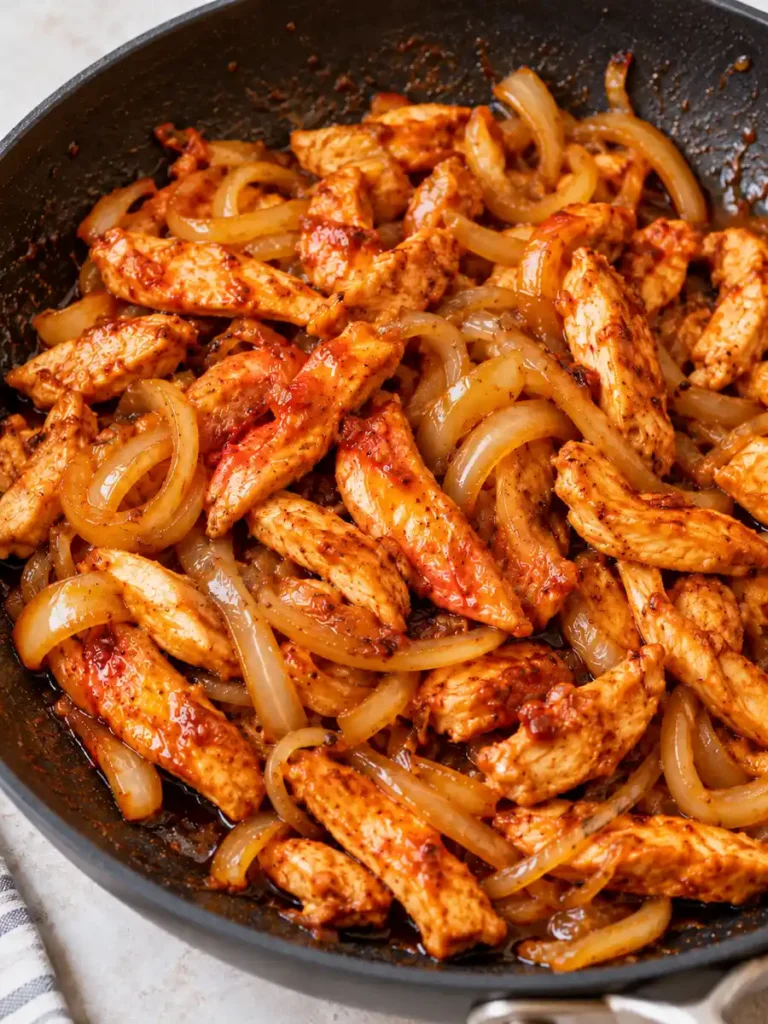 Sliced chicken and caramelized onions coated in a glossy red spicy glaze in a skillet.