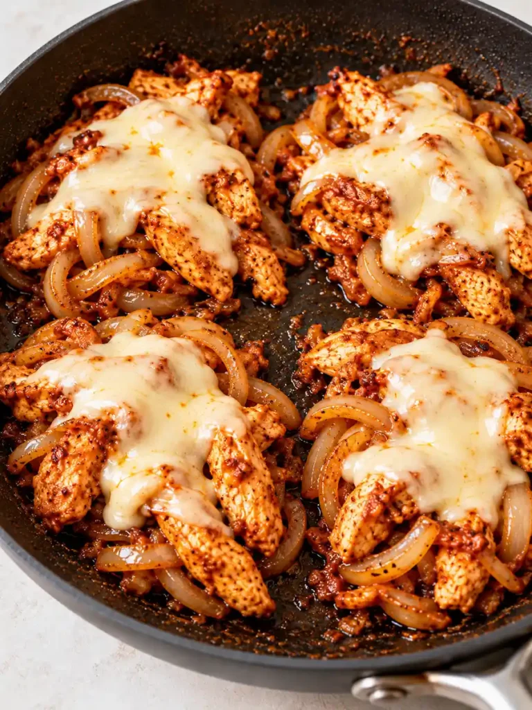 Four portions of spicy chicken and caramelized onions topped with melted white American cheese in a skillet.