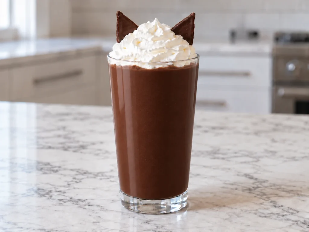 Homemade chocolate Black Cat Frappuccino topped with whipped cream and two chocolate cat ears