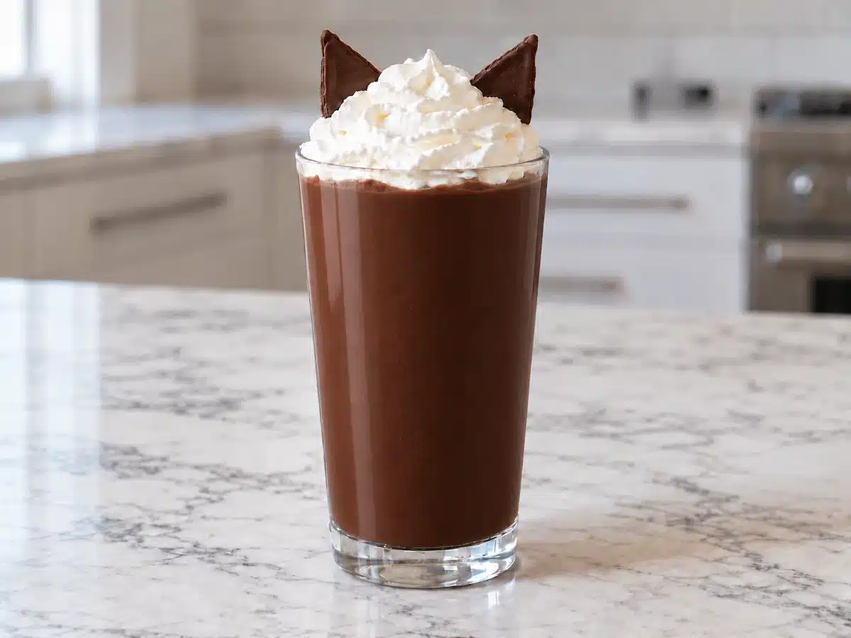 Homemade chocolate Black Cat Frappuccino topped with whipped cream and two chocolate cat ears