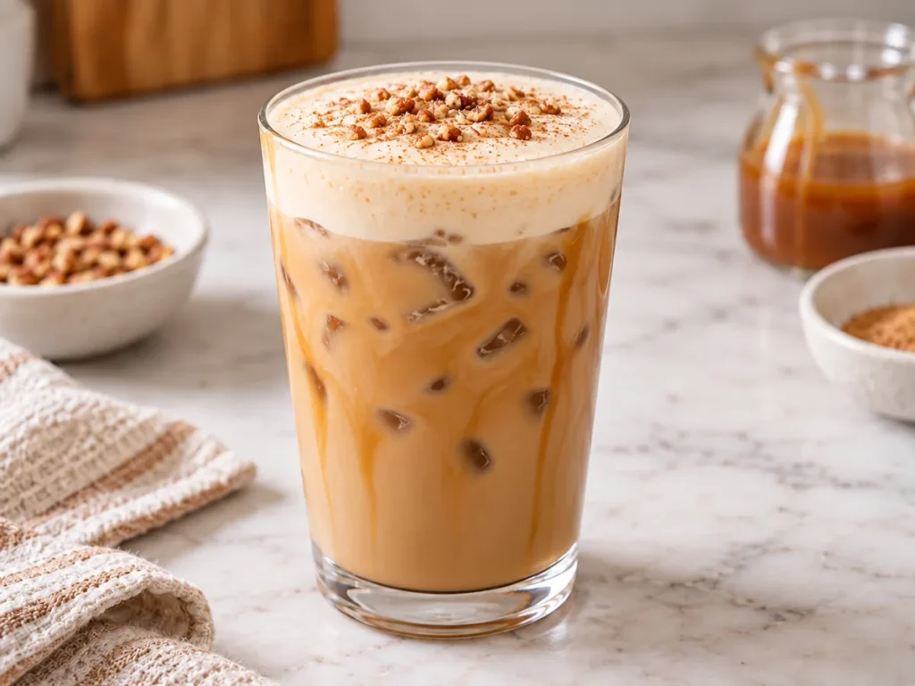 Iced pecan sticky bun latte in a clear glass with caramel drizzle, brown sugar cold foam, chopped pecans, and cinnamon.